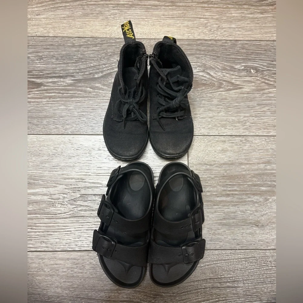 2  set of shoes for little kids. Birkenstock sandals and Dc martens boots